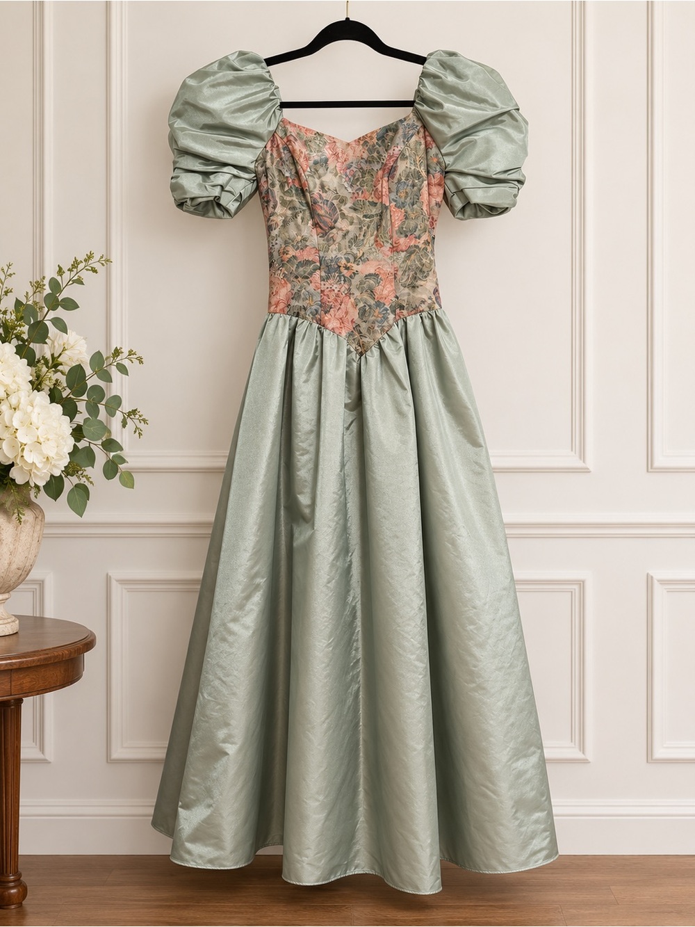 Rare Vtg House of Bianchi Statement Dress Dramatic Puff Sleeves & Floral Brocade